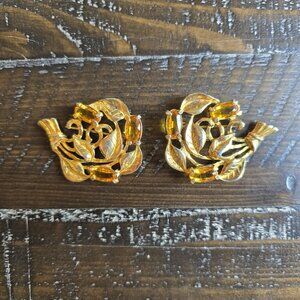 Vintage Set of 2 Gold Tone Lapel Pins Leaf Motif Yellow Stone Brooch Retro Glam